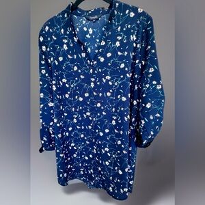 Amaryllis Navy Blue Tunic White Daisy Pattern 3/4 Roll Tab Sleeve V-Neck XL